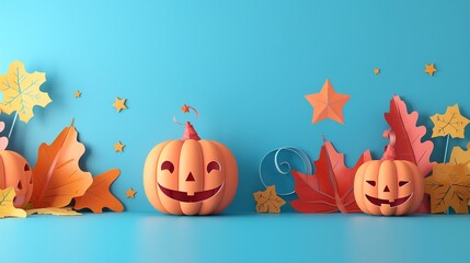 A 3D pop art front view of a cute pumpkin patch with smiling faces surrounded by paper cut leaves and stars on a bright blue background