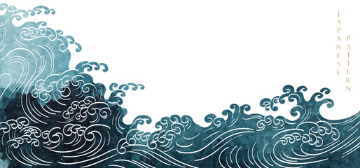 Japanese background with hand drawn wave line vector. Blue watercolor painting texture in vintage style. Presentation template design, poster, flyer, website backgrounds, banner or advertising.