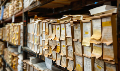 Fototapeta premium Close-Up of Documents Arranged in Shelves at Archive, Historical Files Organized in Library, Old Documents Storage, Record Keeping System