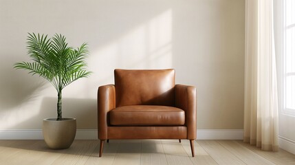 Fototapeta premium Minimalist living room with leather armchair and plant
