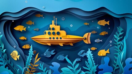 Naklejka premium A submarine exploring the paper cut ocean depths with fish and seaweed on a deep blue background an underwater adventure