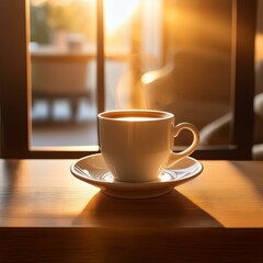 Obraz premium 日の光を眺めながら飲むコーヒー