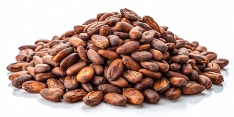 Naklejka premium Heap of Cocoa Beans on White Background, cocoa bean, cacao, chocolate, bean , cocoa nibs
