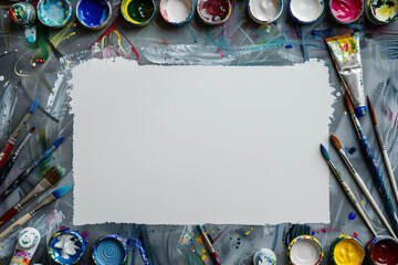 clean empty sheet of paper surrounded by paints, layout