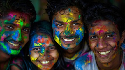 Obraz premium Holi Celebrations Depicting Family and Friends, Colorful Streaks as Symbols of Relationship Strength, Ideal for Cultural Insights and Community Stories