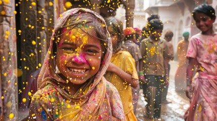 Fototapeta premium Joyous Laughter and Vibrant Colors at Holi Celebration, Friends and Family in Playful Abandon, Perfect for Festive and Cultural Event Coverage