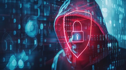 Digital Security Concept: Double Exposure of Cyber Shield & Padlock Overlaid on Hooded Hacker, Data Protection Firewall, 32K, Generative Ai
