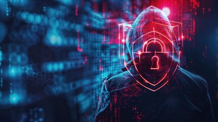 Obraz premium Digital Defender: Hooded Hacker Foiled by Cyber Shield and Padlock in Double Exposure Cybersecurity Concept, 32K Resolution, Generative Ai