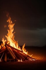 As darkness envelops the night, a crackling bonfire emerges, casting an enchanting glow of orange and yellow flames against the backdrop of the darkene