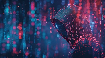 Digital Security Concept: Double Exposure of Hooded Hacker and Cyber Shield with Padlock for Enhanced Data Protection, 32K Resolution, Generative Ai
