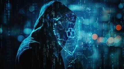 Fototapeta premium Digital Guardian - Double Exposure of Hooded Hacker with Cyber Shield and Padlock for Firewall Data Protection in 32K Resolution, Generative Ai