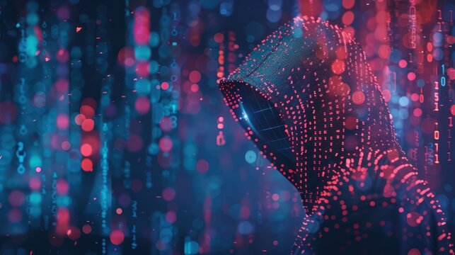 Digital Security Concept: Double Exposure of Hooded Hacker and Cyber Shield with Padlock for Enhanced Data Protection, 32K Resolution, Generative Ai