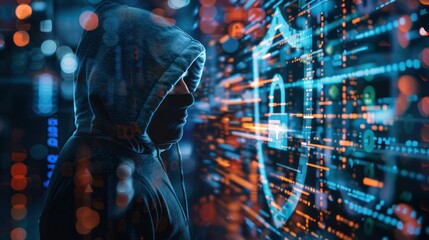 Digital Security Concept: Cyber Shield and Padlock Over Hooded Hacker in Double Exposure with Firewall Security in 32K Resolution, Generative Ai
