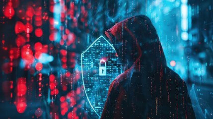 Digital Security Concept: Hooded Hacker with Cyber Shield and Padlock Double Exposure in 32K Resolution, Generative Ai