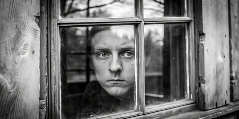 Through the Window, Black and White Portrait of a Man Looking Out, Window, Black and White, Portrait , Isolation