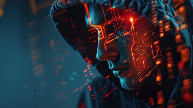 Cyber Security Concept: Double Exposure of Hooded Hacker and Glowing Cyber Shield with 32K Technology, Generative Ai