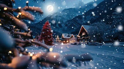 Beautifully decorated winter village on Christmas Eve with winter mountains, moon and heavy snow in the background. Christmas screen server. 