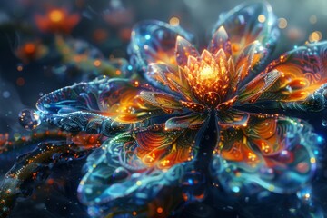 Abstract floral artwork with vibrant and glowing petals dynamic and imaginative modern and striking lively atmosphere