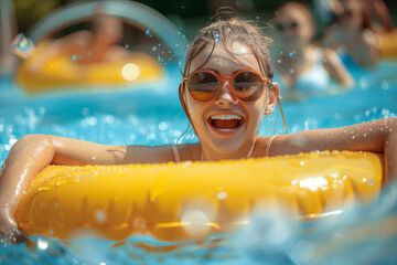 Portrait of young woman in sunglasses with inflatable yellow ring in a swimming pool. Female looking at camera with rubber ring in hand.