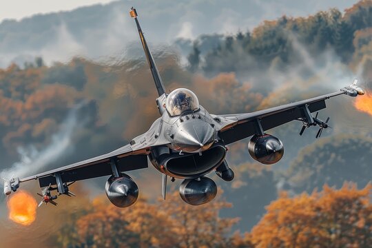 Royal netherlands air force f16 fighter jet in close up taking off in flight through the sky