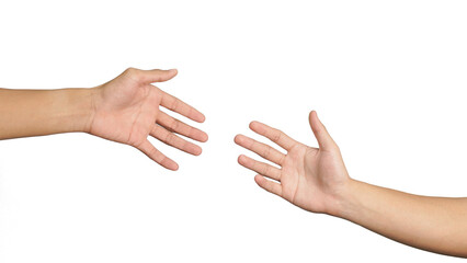 Male hand extending a helping hand on white background, hand isolated on white background.
