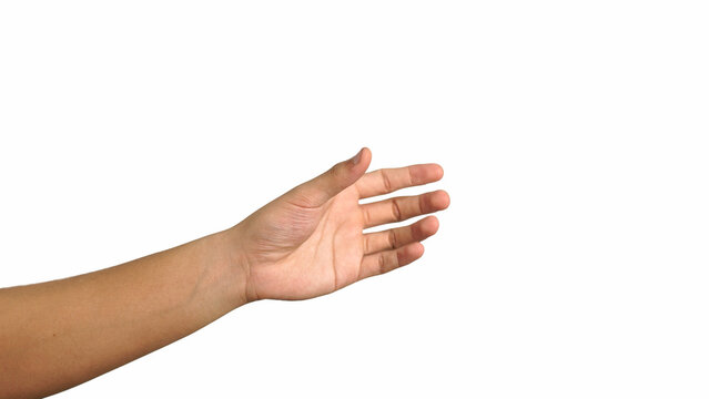 Close up male hand holding something like a bottle or can isolated on white background with clipping path.