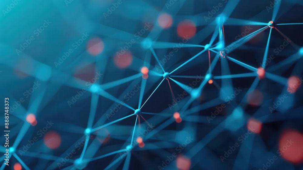 Poster abstract network of glowing lines and dots, representing connection and data flow. blue and red colo