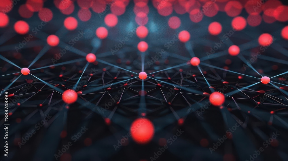 Poster abstract network of glowing red nodes connected by lines, creating a futuristic digital background. 