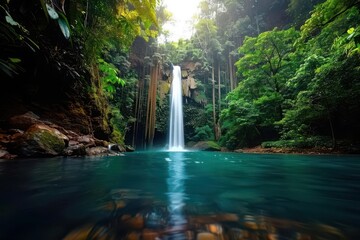 Stunning waterfall amidst lush tropical greenery cascading into a serene pool, creating a tranquil and picturesque natural landscape.