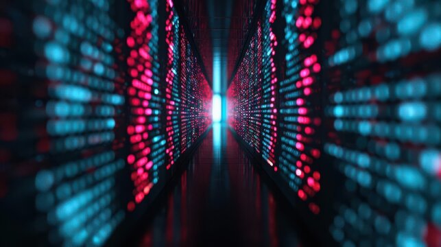 Abstract digital tunnel with glowing binary code. Futuristic concept of data flow and technology. Poster art, website, and media decor. Commercial use, 300 dpi