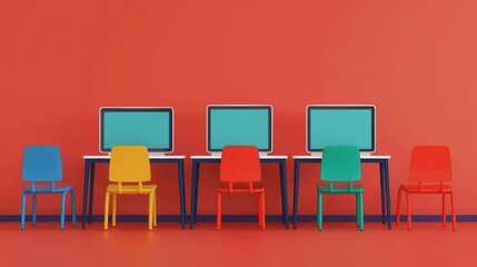 A row of colorful chairs and computer desks in front of a red wall. Poster art, website, and media decor. Commercial use, 300 dpi