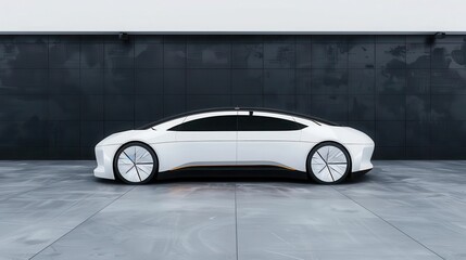 A sleek, white electric car with futuristic design elements stands against a dark grey wall. Poster art, website, and media decor. Commercial use, 300 dpi