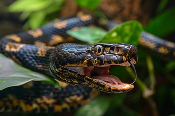 Detailed macro shot of a snake, highlighting the snake bite. Nature can be seen in the background.