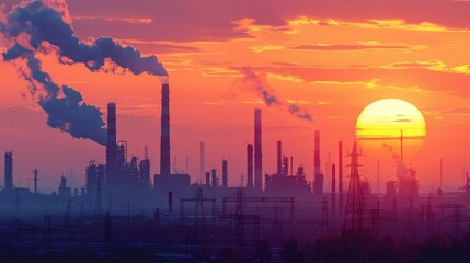 Fototapeta premium Sunset with Industrial Landscape: A dramatic scene unfolds as the sun dips below the horizon, casting factories and machinery in stark silhouette against a vibrant, multicolored sky. 