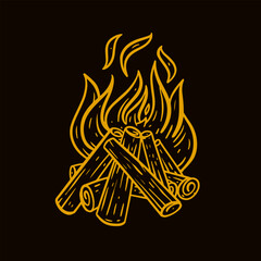 Detailed rustic campfire illustration on dark background conveys a warm, cozy wilderness feeling