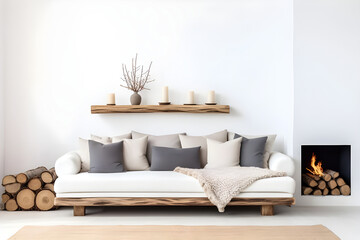 Scandinavian home interior design features a modern living room with a wood slab coffee table, beige pillows, and a white wall.