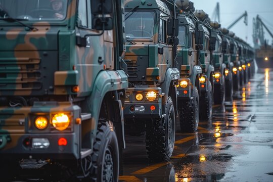 Armored military and construction convoy at sea port for logistics transportation