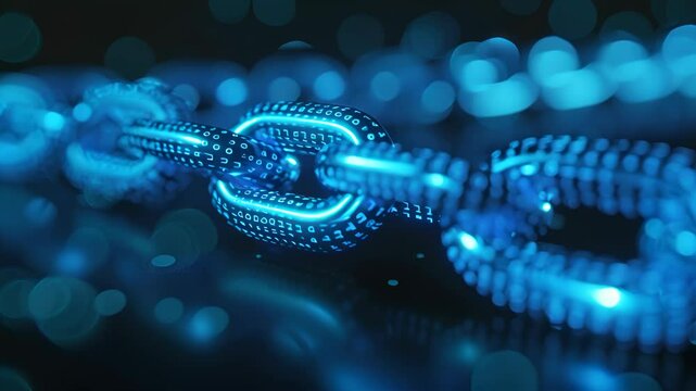 A digital chain rendered with glowing blue lights, suggesting a network connection or security concept.