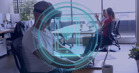 Image of cyber security text data processing over diverse business people in office