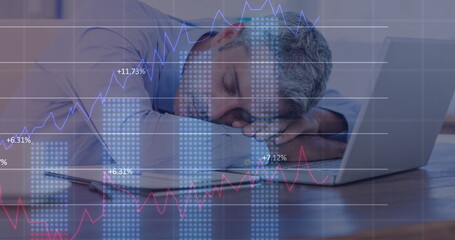 Image of statistical data processing over caucasian businessman sleeping on his desk at office