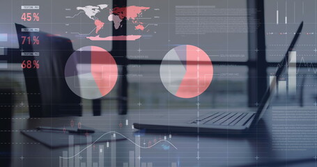 Image of statistical data processing against close up of laptop, diary and pen on office desk