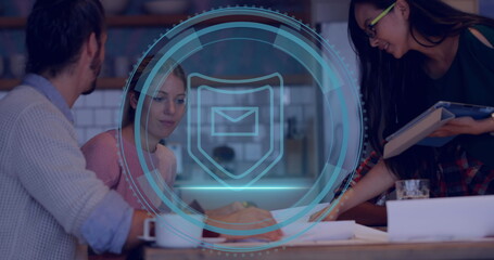 Image of shield icon data processing over diverse business people in office