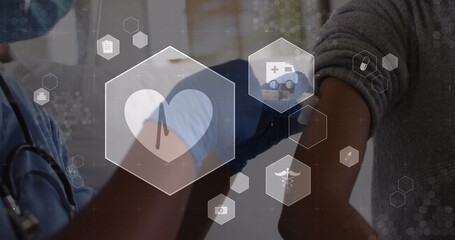 Image of digital icons data processing over caucasian male doctor vaccinating woman