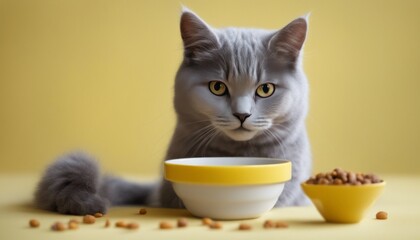 A cute gray cat and a bowl of food on a yellow background