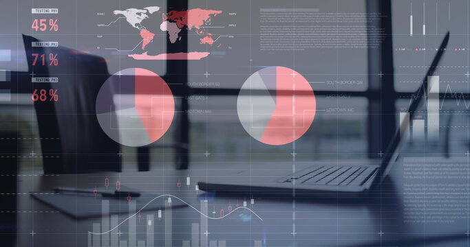 Image of statistical data processing against close up of laptop, diary and pen on office desk - Powered by Adobe
