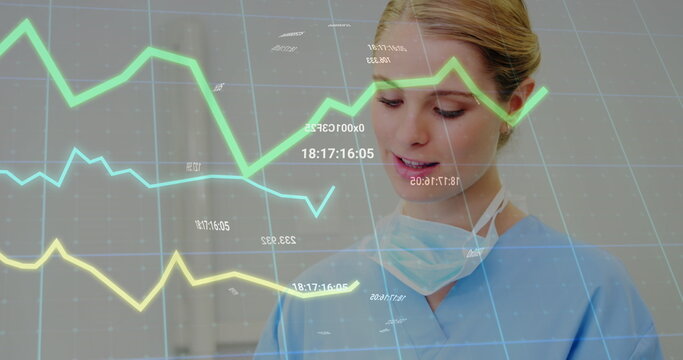 Image of statistical data processing over caucasian female doctor using tablet at hospital