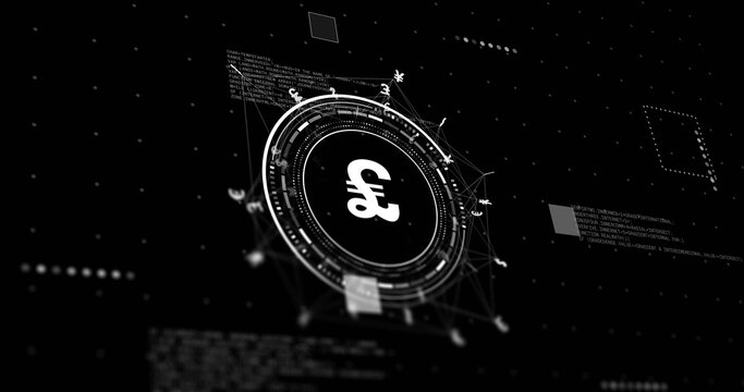 Image of network with data processing and pound signs over black background - Powered by Adobe