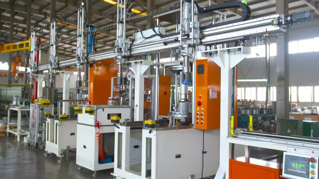 Real shot assembly line inside automated robotic assembly machine of motor coil in a factory production process automobile manufacturing plant