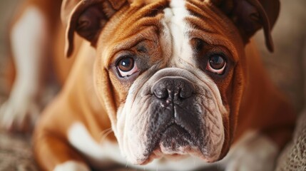 Fototapeta premium Bulldog: Known for their unique wrinkled face and pushed-in nose, Bulldogs are gentle and affectionate companions, admired for their endearing appearance and loving nature. 