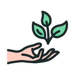 Agriculture icon. Hand presenting a healthy plant. Symbol of concern for the environment.